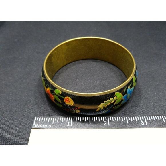 Vintage Wide Brass Hand Painted Flower Bracelet, Gold Accents, 1970s, 8 Inches - Picture 9 of 10